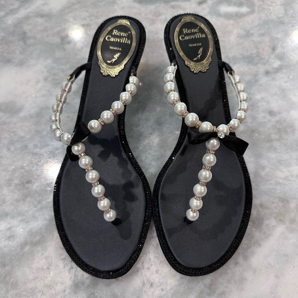 Rene Caovilla Heels with Pearls, Black, Leather, 8.5
